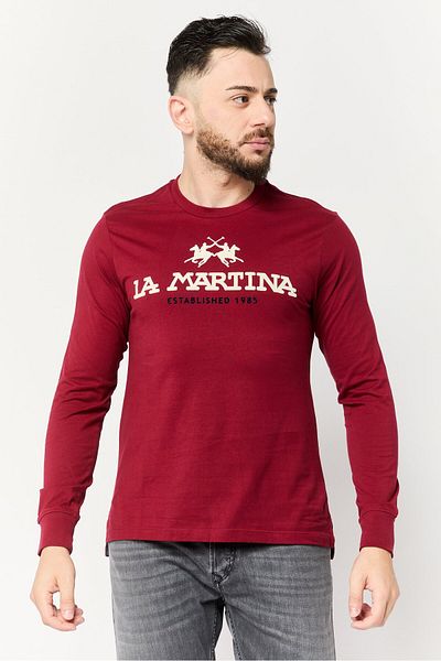 La Martina Men Crew Neck Long Sleeves Brand Logo T-Shirt, Maroon