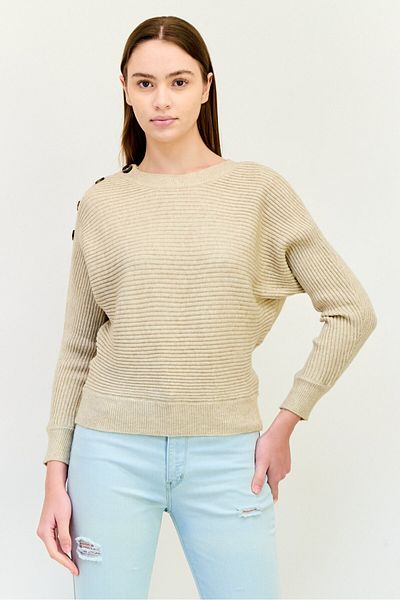 Poof Women Button Shoulder Detail Knit Sweater, Oatmeal Heather