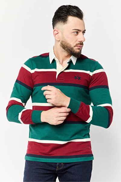 La Martina قميص بولو رجالي بقصّة عادية وشعار مطرز وأكمام طويلة، متعدد الألوان