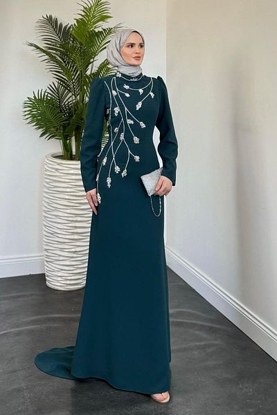 MERVEN AKYÜZ Βραδινό φόρεμα Arinya Side Stone Tail Petrol Green