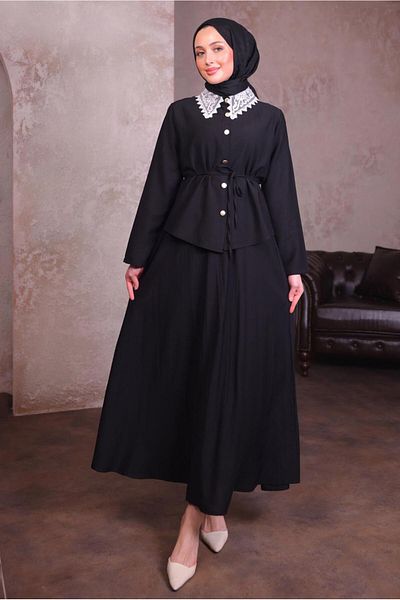 TRENDTESETTÜR Women's Black Lace Detail Skirt Suit t 7984