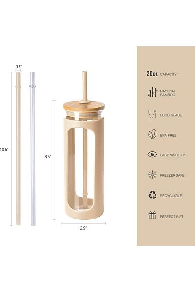 Generic PSKIES 20oz Glass Water Tumble with Straw and Lid,Bamboo Lids Water Bottle, Iced Coffee Cup Reusabl