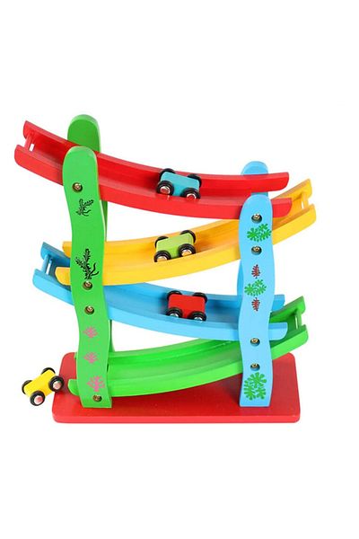 OEM Pista Montessori cu masinute din lemn - circuit cu 4 piste si 4 masinute