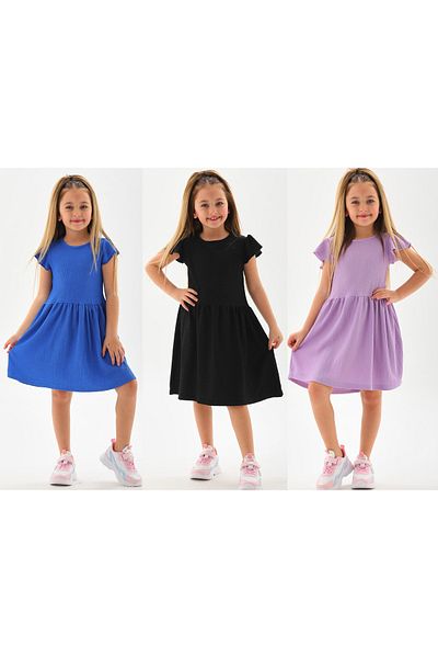 DEVRİMAY TEKSTİL Girl's 3-Piece Summer Dress Black Blue Lilac