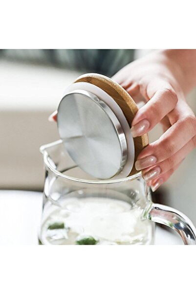 Generic SKY-TOUCH Glass Pitcher 1500 ml (2 pcs) with Handle and Bamboo Lid for Hot & Cold Beverages