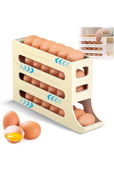 Generic Tazweeq 4 Tiers Egg Dispenser, 30 Eggs Storage Rack, Egg Distributor For Refrigerator Roll Down-Whi