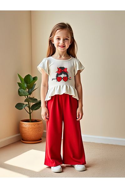 Take Two By Styli Kids 2pcs Printed Short Sleeve T-Shirt and Red Wide Leg Pants Sets