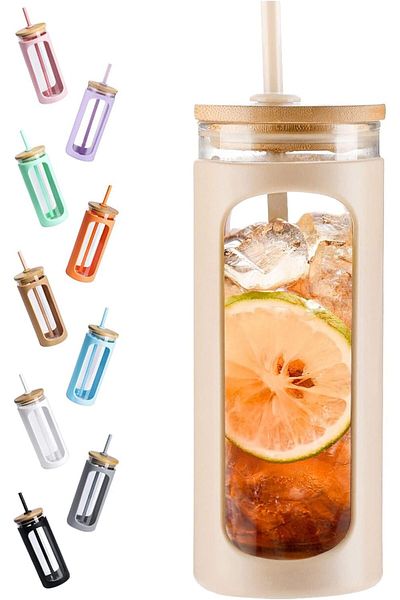 Generic PSKIES 20oz Glass Water Tumble with Straw and Lid,Bamboo Lids Water Bottle, Iced Coffee Cup Reusabl