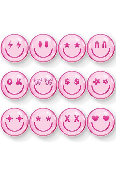 Generic 12PCS Pink Smile Face Refrigerator Magnets - Cute Decorative Resin Magnets for Kitchen, Dishwasher,