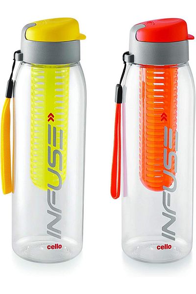 Generic CELLO Infuse Plastic Water Bottle, 800 ml, Yellow/Orange, Set of 2 | Detox Bottle with Infuser Cham