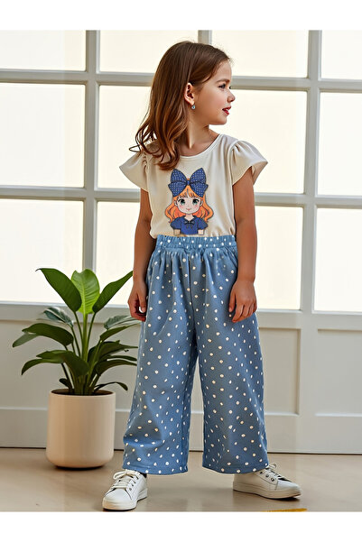 Take Two By Styli Kids Blue Polka Dot Printed T-Shirt and Wide Leg Pant Pack of 2
