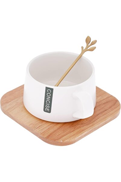 Generic 3 Pcs Ceramic Matte Finish Cup & Saucer Set With Wooden Plate White/B...