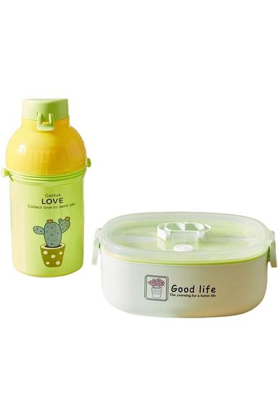 Generic Polypropylene Lunch Box and Water Bottle Set For School Kids Green Colour With fork fork and Spoon