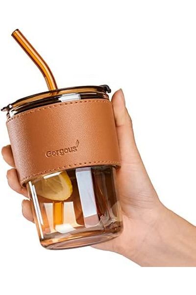 Generic KELVEE Glass Tumbler With Silicone Straw and Lid 360 ml, Cup With Leather Sleeve, Coffee Mug for St