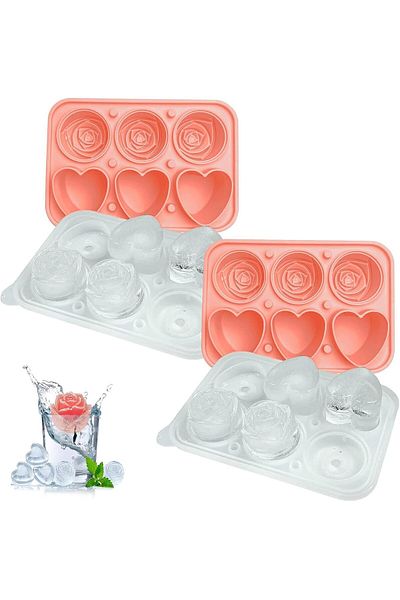 Generic HOOKOR Pink Ice Cube Molds 2 Pack, Rose & Heart-shaped Ice Cube Trays with Built-in Funnel, Silicon