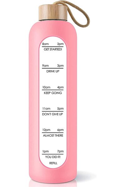 Generic Excefore 32 Oz Borosilicate Glass Water Bottle with Time Marker Reminder Quotes Leak Proof Reusable