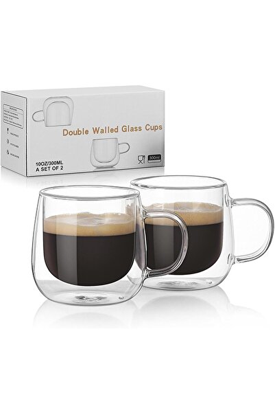 4as 4A.S 2 Pack Double Walled Glass Coffee Mugs with Handle