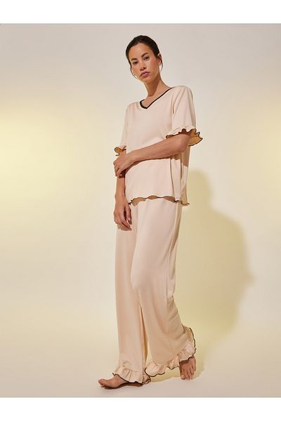 Styli Solid V Neck Ruffled Top and Joggers Set