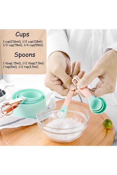 Generic Rose Gold Stainless Steel Handle Measuring Cups and Spoons Set, Azonee 8 Piece Stackable Accurate T