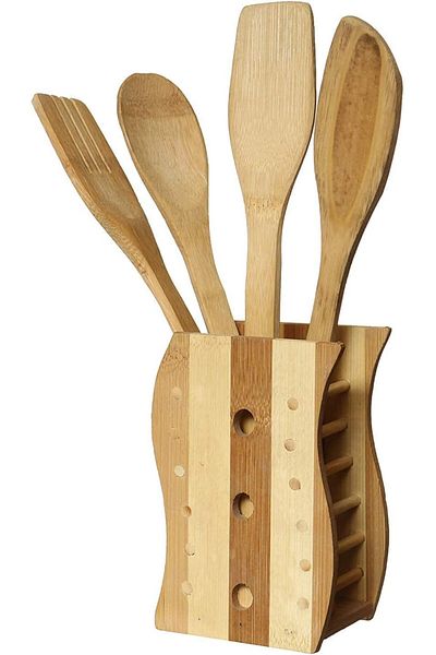 Generic Set Of 5 Pcs Wooden Spoons for Cooking With Stand, Brown