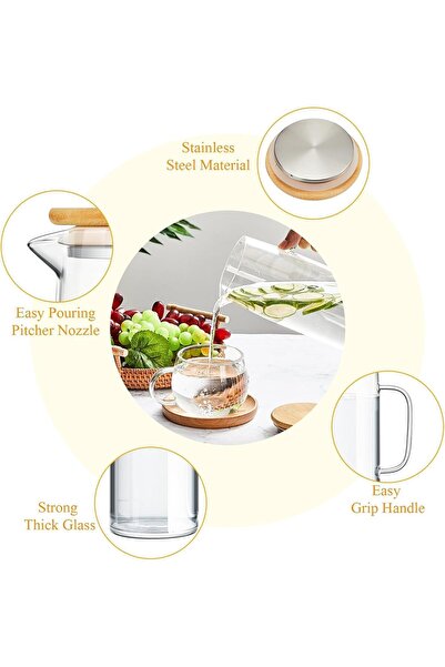 Generic SKY-TOUCH Glass Pitcher 1500 ml (2 pcs) with Handle and Bamboo Lid for Hot & Cold Beverages