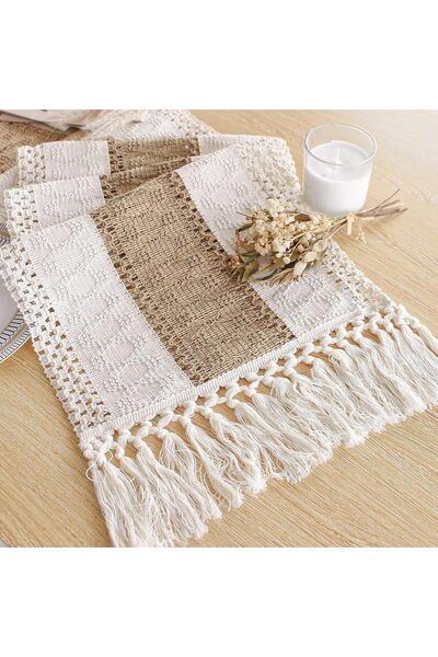 Tazweeq Boho Table Runner, 12 x 71 Inches, Cream & Brown Macrame with Tassels