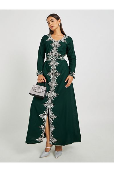 Maxim Creation By Styli Green Hand Embroidered Jalabiya with Belted Detail