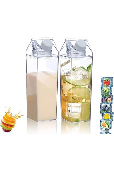 Generic Beauenty 2 Pack Cute Clear Stylish Square Milk Carton Water Bottle,Portable Drinkware,Leakproof Cup