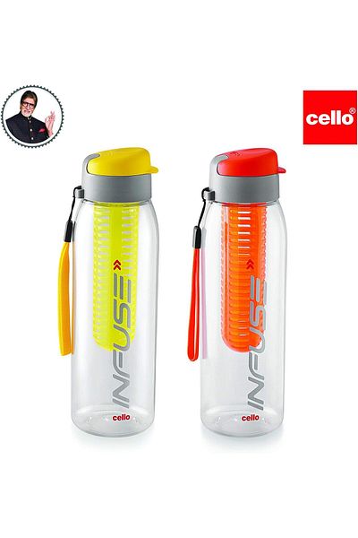 Generic CELLO Infuse Plastic Water Bottle, 800 ml, Yellow/Orange, Set of 2 | Detox Bottle with Infuser Cham
