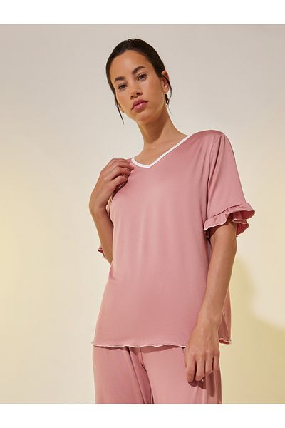 Styli Solid V Neck Ruffled Top and Joggers Set