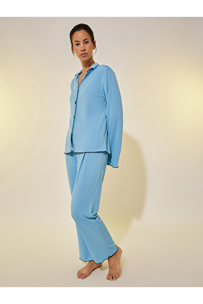 Styli Ribbed Contrast Edge Long Sleeve Shirt and Pyjama Set
