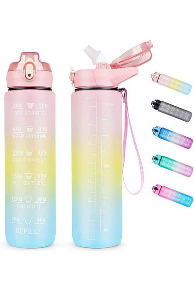Generic LUKSYOL Sport Water Bottle 1L with Motivational Time Marker, Straw, and Leak Proof Design - BPA-Fre