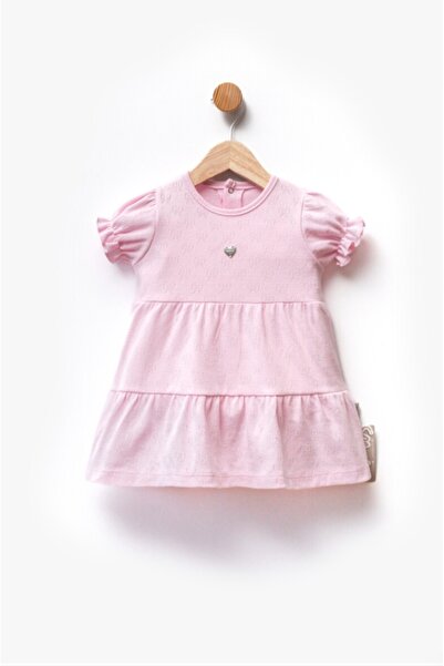 Pembe Mini Fiyonklu Yumuşak Penye Bebek Elbisesi