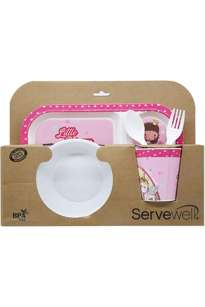 Servewell Melamine Kids 5-Pcs Set – 11" Plate, 5.5" Bowl, 3.2"x2.2" Tumbler, 6.3" Spoon & Fork