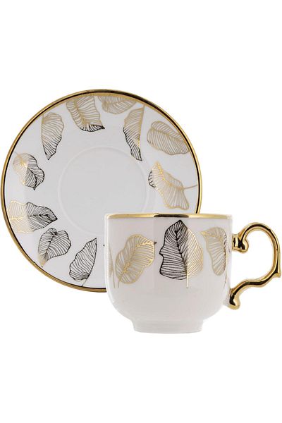 Generic ALSAIF 12-piece Porcelain Cups with Saucers for Coffee, Espresso, Latte, and Tea, featuring a gold