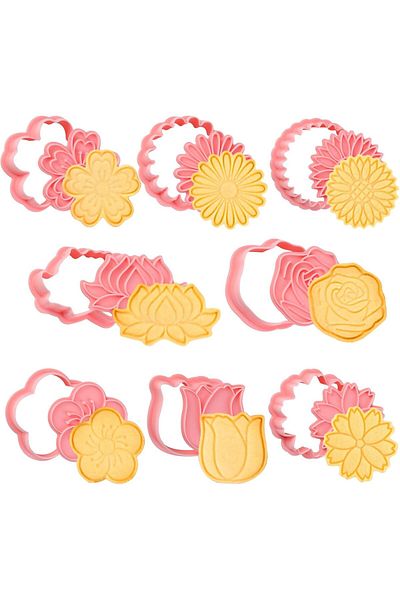 Generic 8-Piece Flower Cookie Cutter Set – 3D Plastic Cookie Molds with Cute Cartoon Shapes for Biscuit, Fo