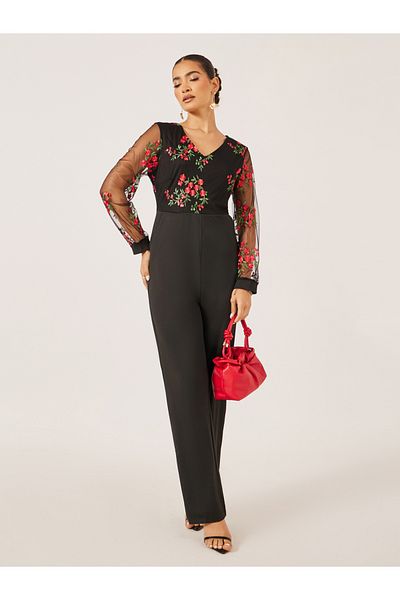 Styli Embroidered Mesh V Neck Wide Leg Jumpsuit