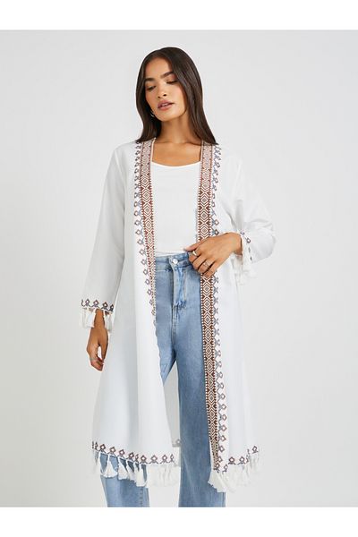 Styli Embroidered Midi Length Kimono with Tassel Trim