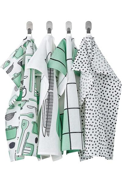 Generic Ikea RINNIG Set of 4 Tea Towels Dish Towel Green White Pack Patterned Design,45x60 cm