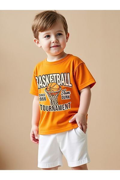Take Two By Styli Kids 2pcs Orange Basketball Printed Short Sleeve T-Shirt and Shorts Sets
