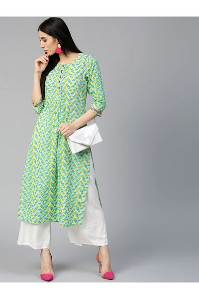 IndHeritage Premium cotton office / casual kurti - Green, blue & white printed women's kurti / kurta - IDH00071