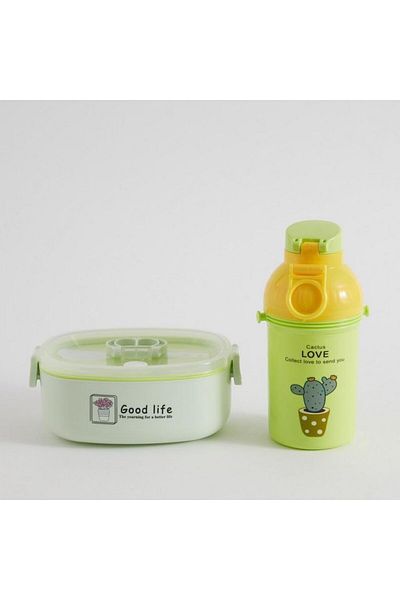 Generic Polypropylene Lunch Box and Water Bottle Set For School Kids Green Colour With fork fork and Spoon