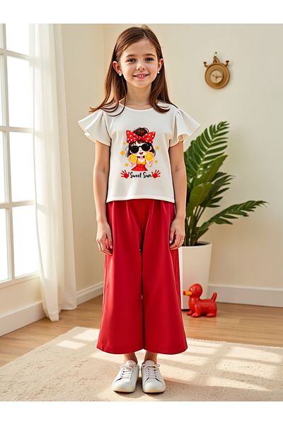 Take Two By Styli Kids 2pcs Kids T-Shirt and Red Wide Leg Pants Set