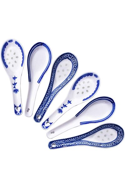 Generic SWIUKPHE Soup Spoon, Ceramic Chinese Spoon Set 6 Piece Blue and White Porcelain Soup Spoon Reusable
