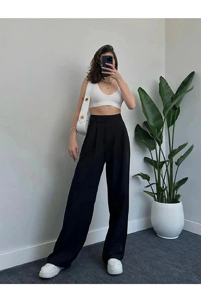 LAMİRA Cart Velcro Palazzo Μαύρο Ψηλόμεσο Φαρδύ πόδι Ρυθμιζόμενη μέση