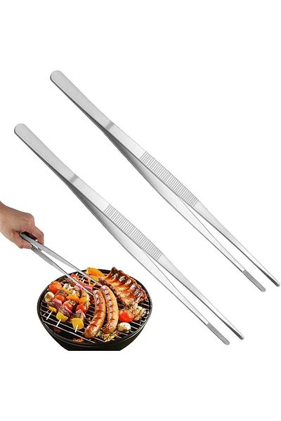 Generic LUOSHUAI Stainless Steel Long Tweezer Tongs, Set of 2, 12-Inch, Silver, for Cooking, Repairing, Sea
