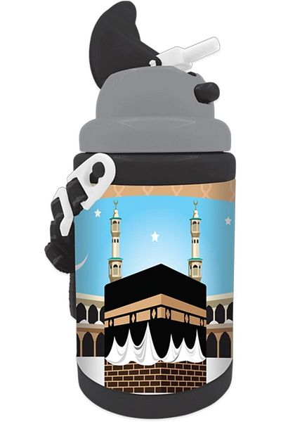 Generic Plastic Mecca Printed Design Water Bottle for Kids, 450 ml Capacity, Grey