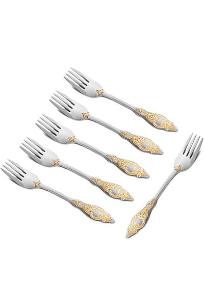 Generic SOLETER Stainless Steel Cake Fork With Mirror & Gold Polish | 6 Pieces Fruit Forks | Dessert Pastry