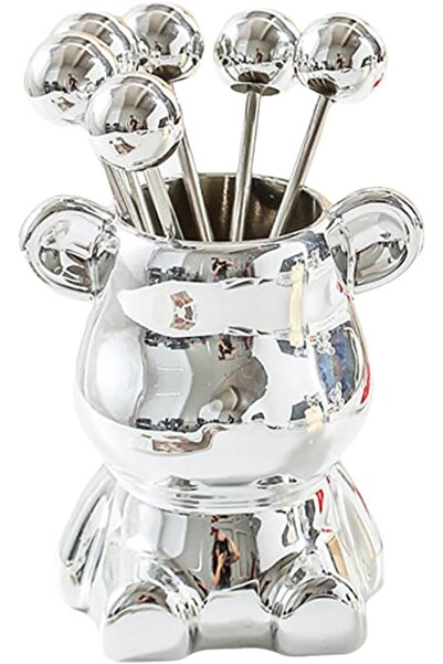 Arabest Light Luxury Stainless Steel Fruit Fork Set with Creative Bear Storag...