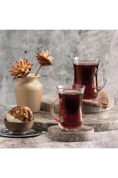 UMS أكواب شاي تركية بمقبض، 6 قطع، تصميم خصر رفيع، قاعدة سميكة، 150 مل